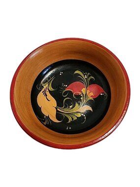 Vintage Khokhloma Wooden USSR Russian Decorative Bowl Floral Lacquerware